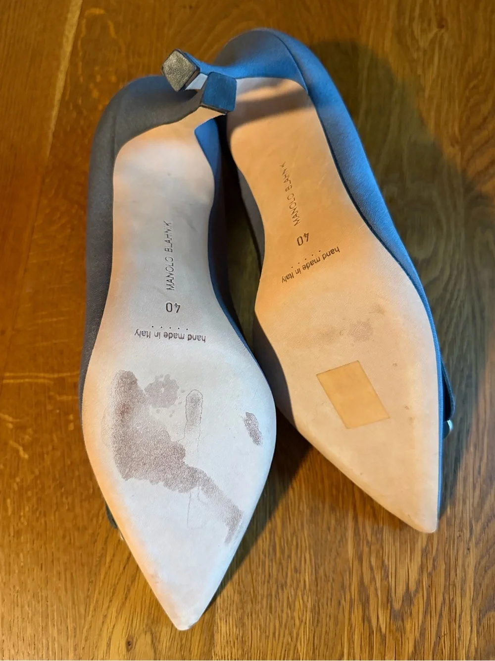Manolo Blahnik Taupe Pointed Toe Pumps with Iridescent Buckle